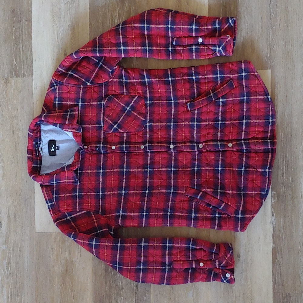 im Never Established Plaid Quilted Button Down Shirt Jacket Red Size M